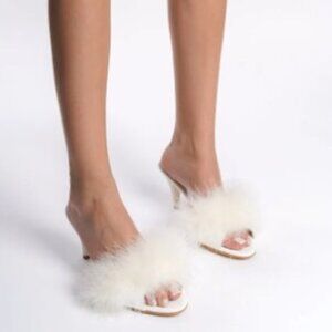 Feather White Bridal Slipper Heels (Never Worn)
